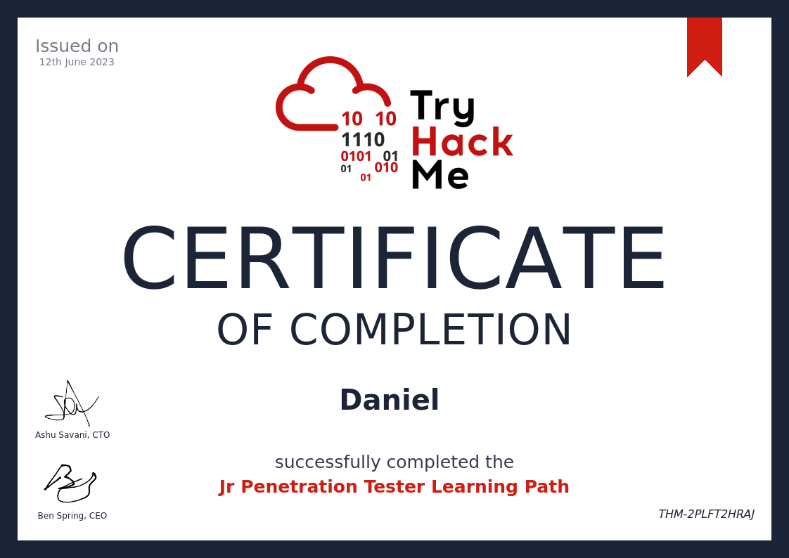 TryHackMe Jr. Pen Tester Certificate